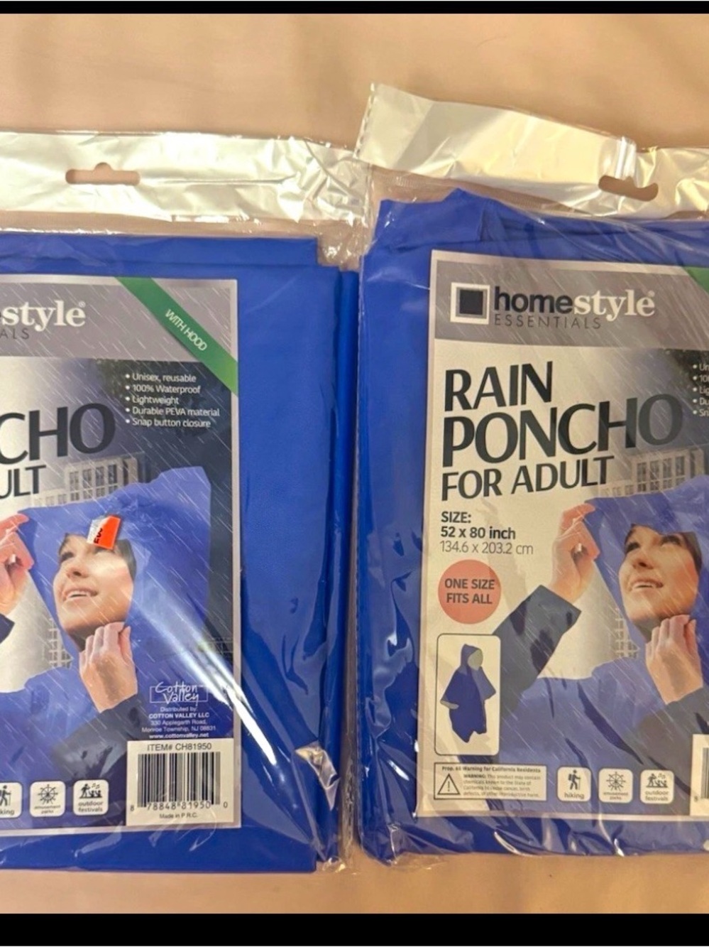 Homestyle Essentials Adult Rain Poncho, Blue PVC, Unisex 2 Pack